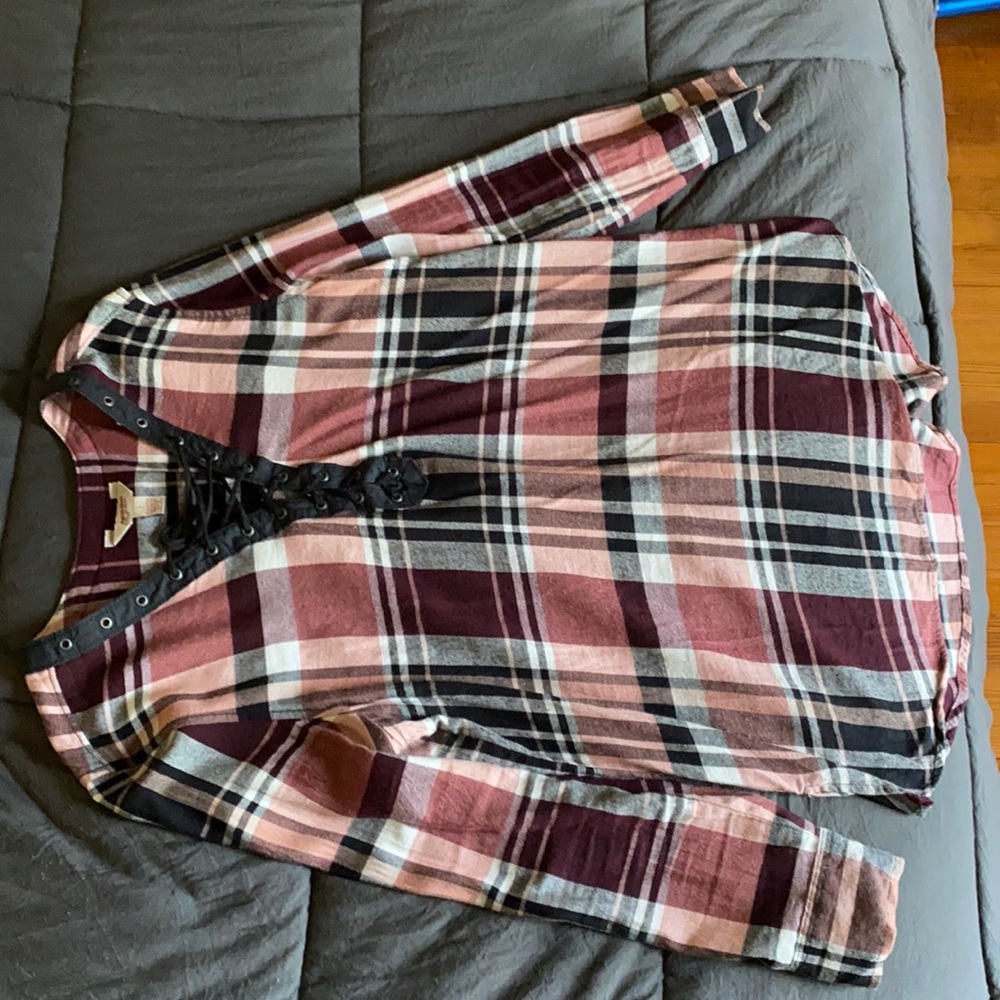 Long sleeve plaid lace up front shirt
